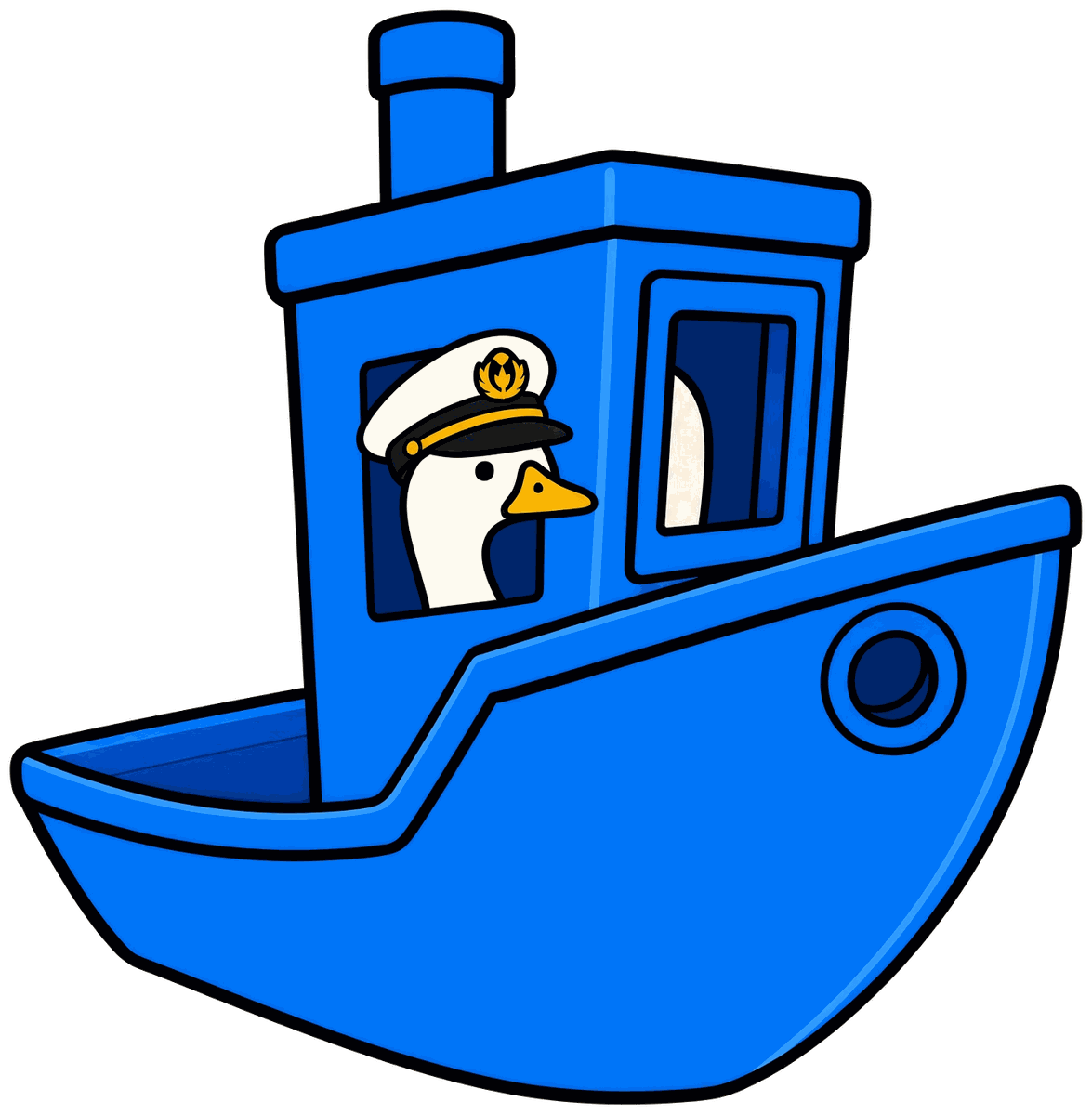 Goose captain steering a blue 3DBenchy